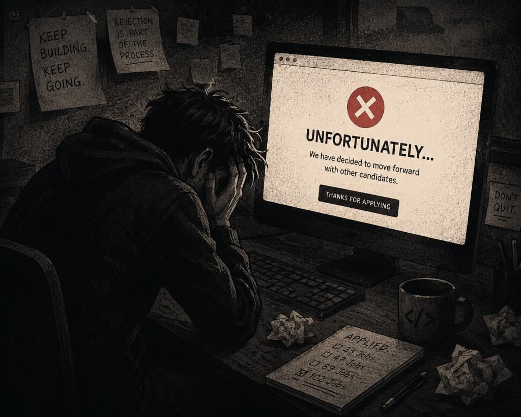 A developer at their desk, head in hands, reading a job rejection on screen after applying to over a hundred roles.